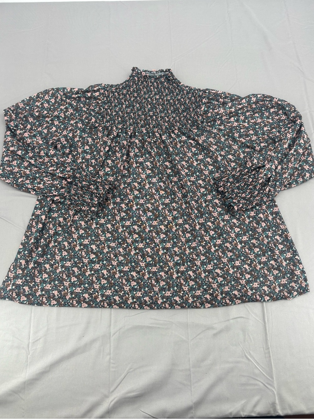Buckle Black Floral Smocked High-Neck Blouse with Pink Accents